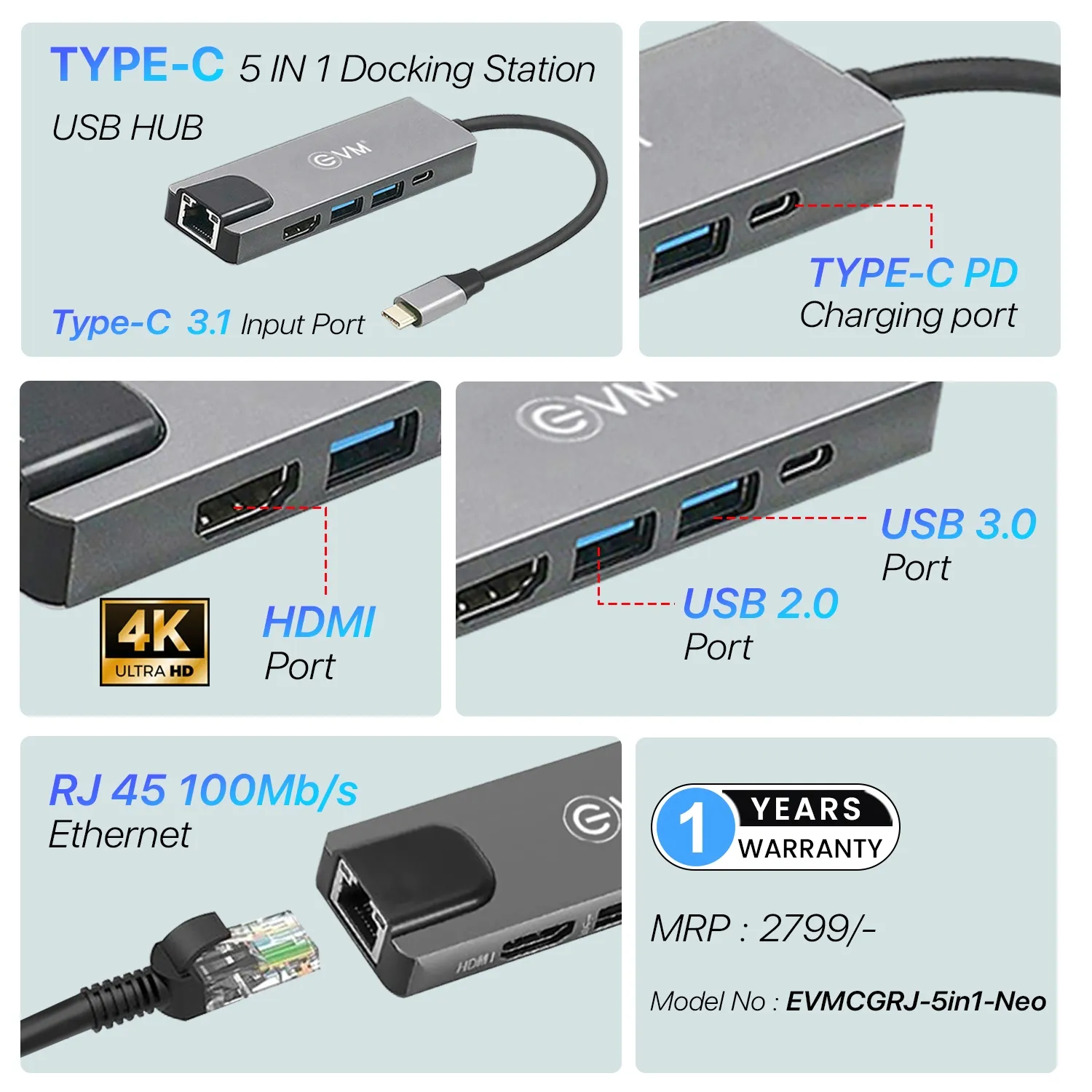 EVM Type-C Dock 5 IN 1 (HDMI+2USB+TYPE-C+LAN) (CGRJ) view 4